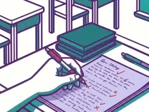 A teacher's hand marking schoolwork with a red pen
