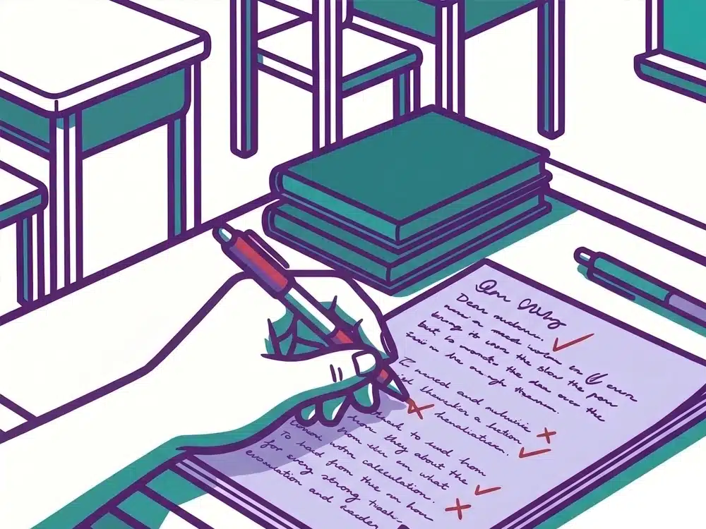 A teacher's hand marking schoolwork with a red pen